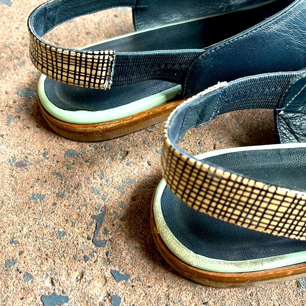 Megumi Ochi Cubic Slingbacks - Navy Leather Plaid Strap & Lt Blue Detail - W9